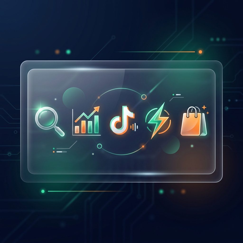 Abstract illustration showing product research tools with magnifying glass, charts, and velocity lightning bolt icons