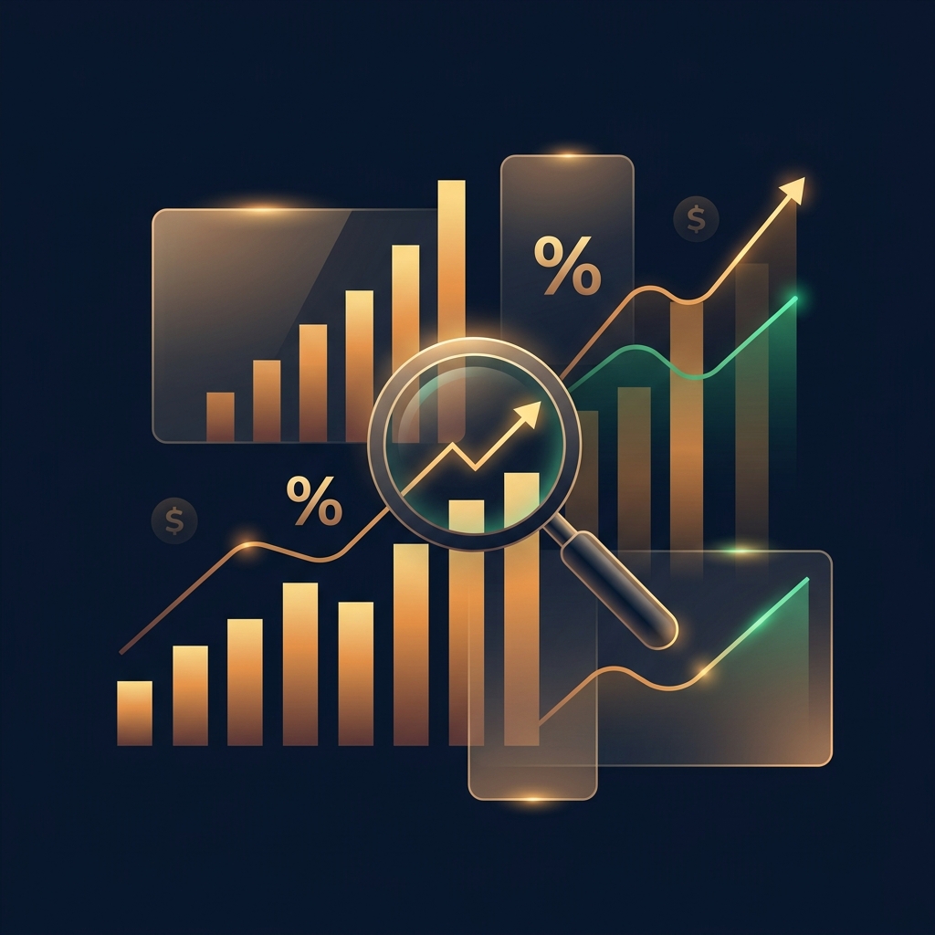 Abstract data visualization showing profit margin analytics with ascending charts and financial indicators