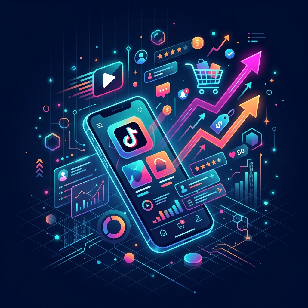 Abstract illustration of a mobile commerce experience with growth charts and shopping elements