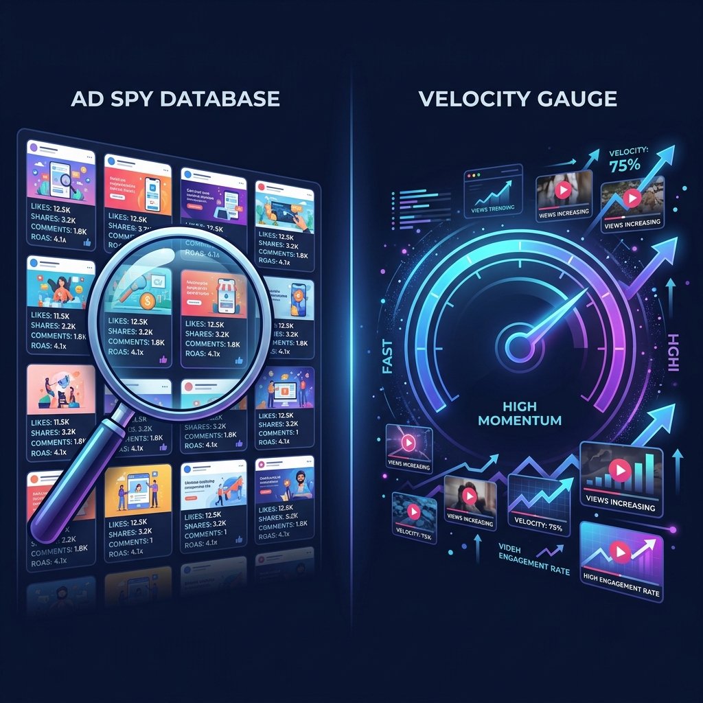Comparison showing ad creative library approach versus organic velocity tracking approach
