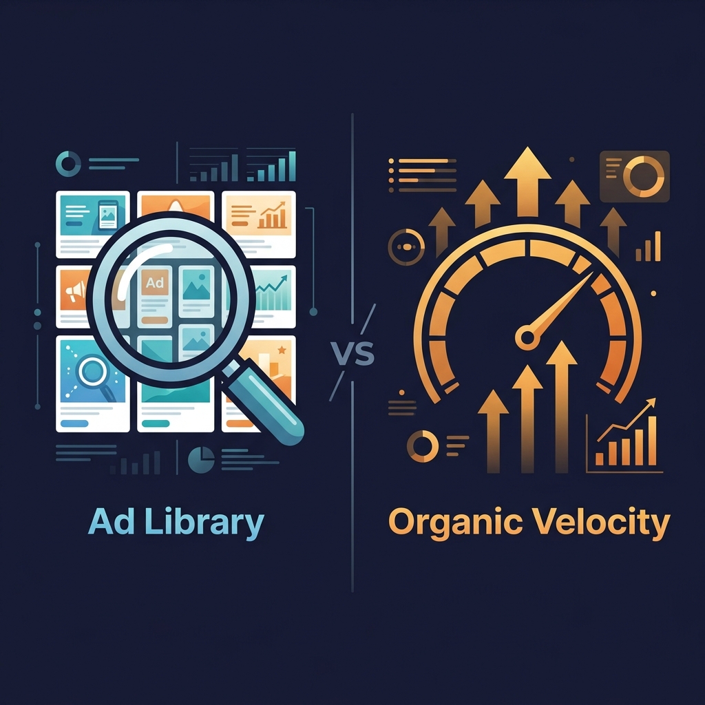Comparison diagram showing ad library approach versus organic velocity approach