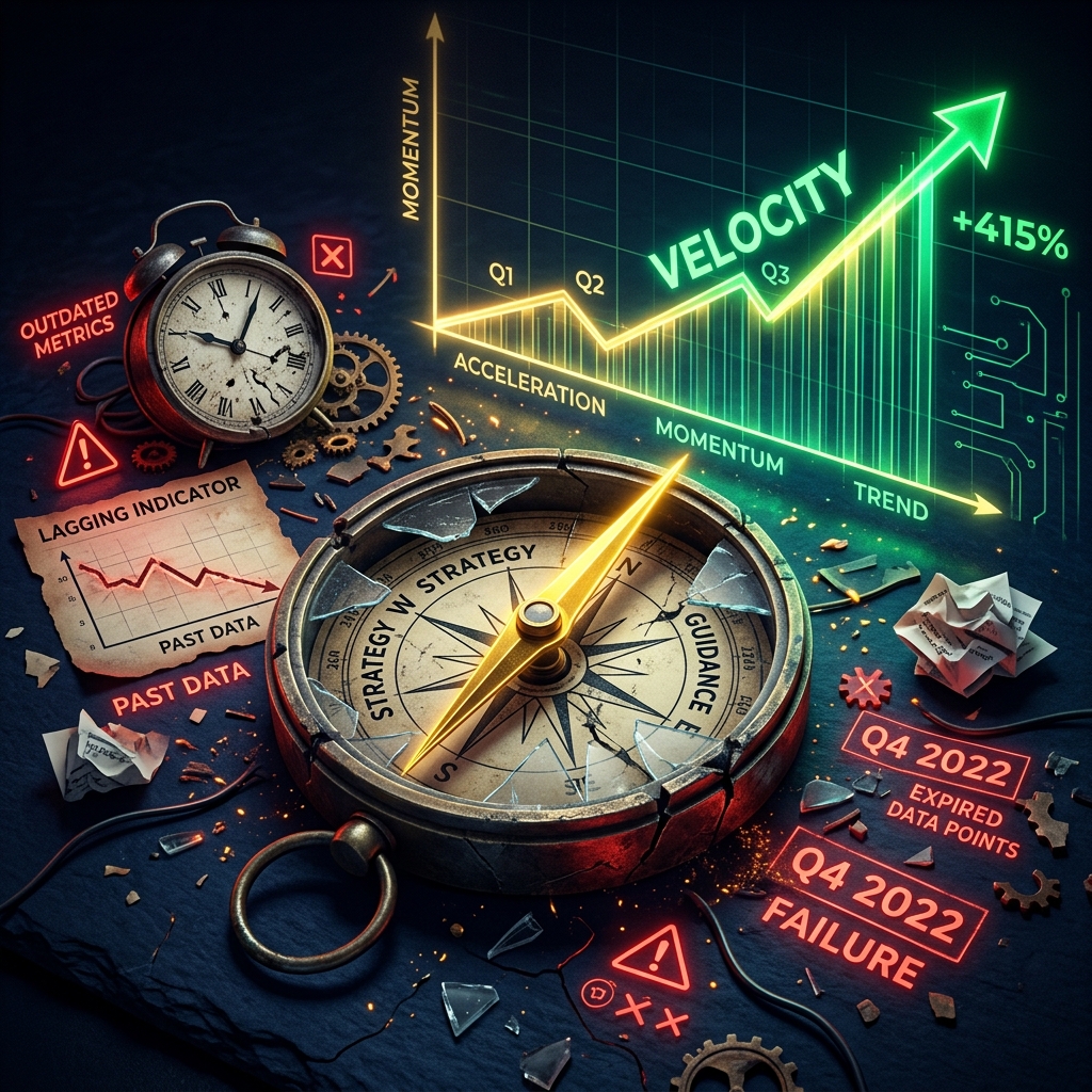 Broken compass surrounded by warning indicators with a gold needle pointing to the correct metric