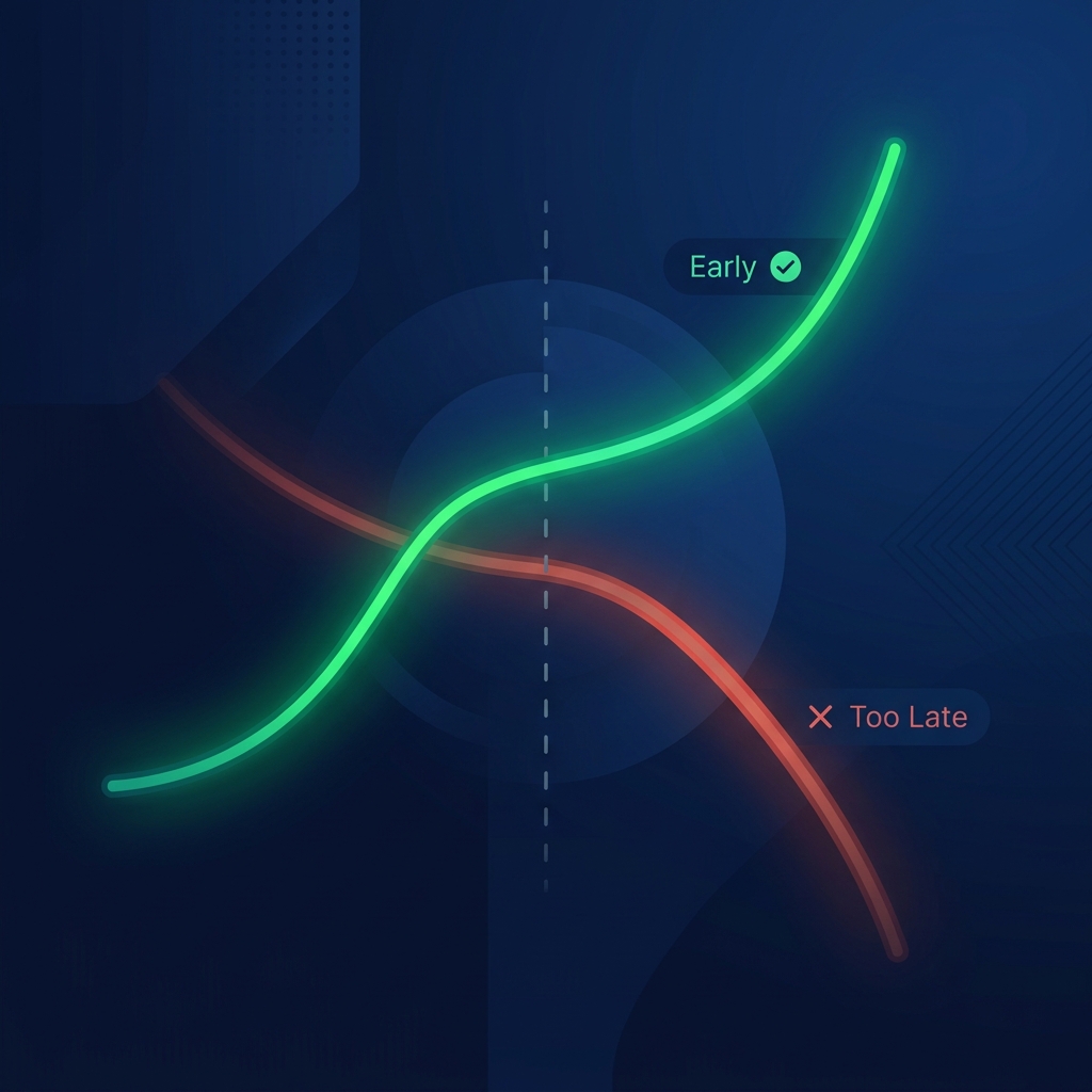 Two trajectory lines diverging — one rising (early opportunity) and one falling (too late)
