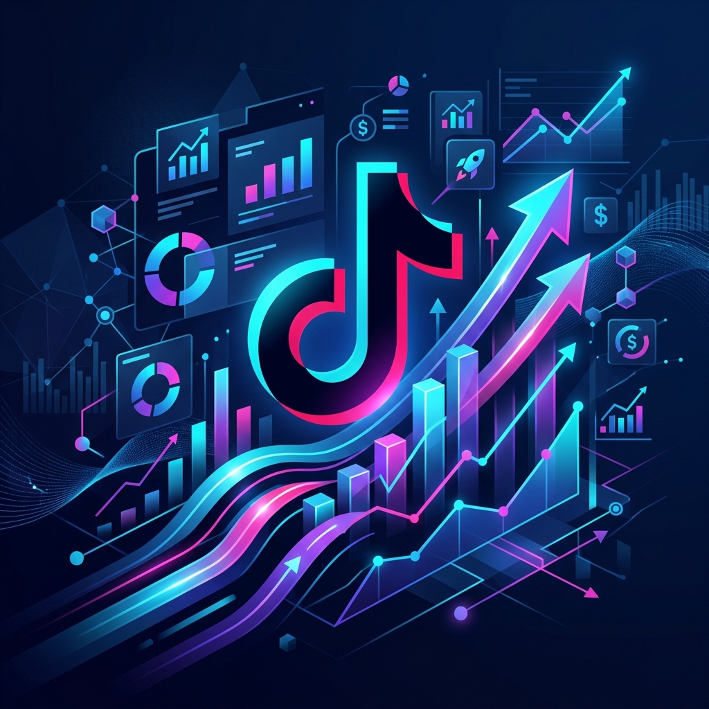 Abstract illustration of TikTok advertising growth with data visualization elements and upward trending charts