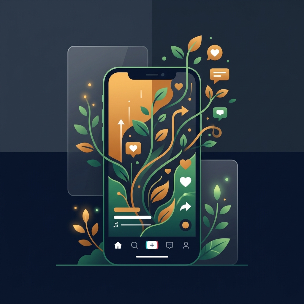 Stylized smartphone with organic growth elements and engagement icons representing TikTok organic marketing