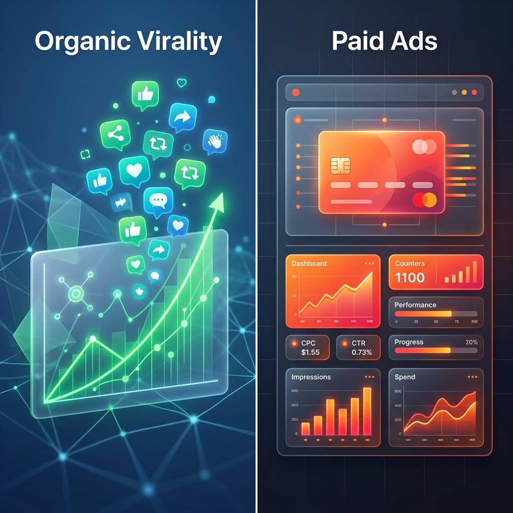 Split screen showing organic virality metrics versus a paid ads dashboard