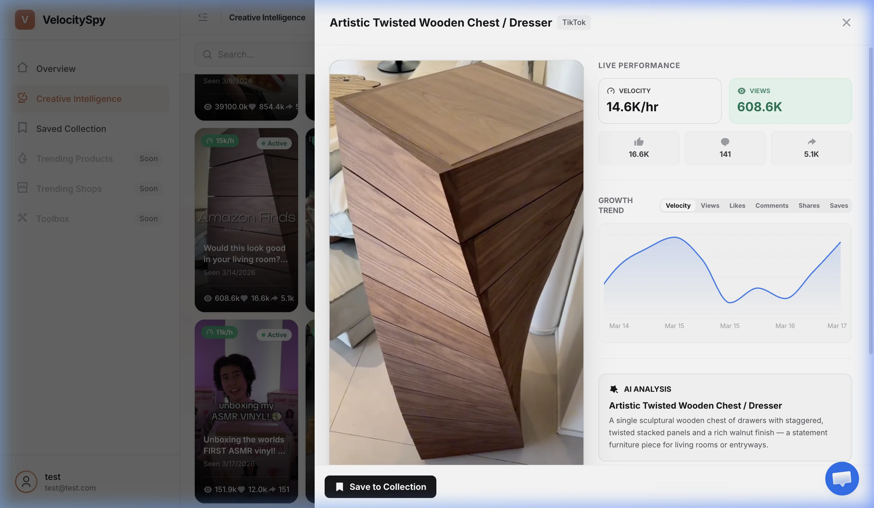 VelocitySpy product detail — velocity chart, engagement stats, and AI analysis